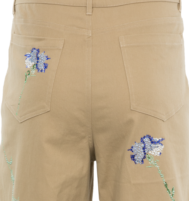 Image 5 of 5 - BROWN - LIBERTINE Cecil Beaton Blue Carnation Crystal Pant featuring crystal-embellished blue carnations, cropped fit, mid rise sits high on hip, wide legs, five-pocket style, button zip fly and belt loops. Cotton/elastane. Made in USA. 