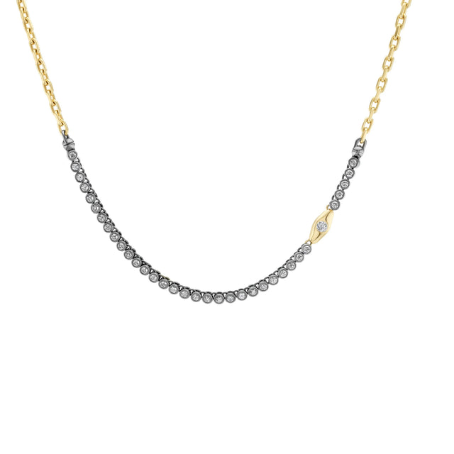 Image 2 of 2 - GOLD - Uniform Object Tennis Necklace has an asscher colored stone totaling .7 CT set in 18K yellow gold. Hirshleifers offers a range of pieces from this collection in-store. For personal consultation and detailed information about jewelry, please contact our dedicated stylist team at personalshopping@hirshleifers.com.