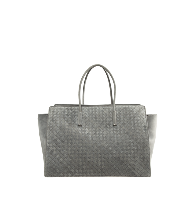 Image 1 of 3 - GREY - Bottega Veneta Women's Large Intrecciato Suede Tote Bag is crafted from supple Intrecciato suede and features a streamlined silhouette, a single-compartment interior, and a zip-top closure. Designed with snap-button attachments for the Dustbag Organizer system, it is finished with one interior zip pocket, an internal hand mirror with a leather cover, lambskin lining, and silver-finish hardware. Main Material: Intrecciato Suede. Lining: Lambskin. Hardware: Silver Finish. Made in Italy.