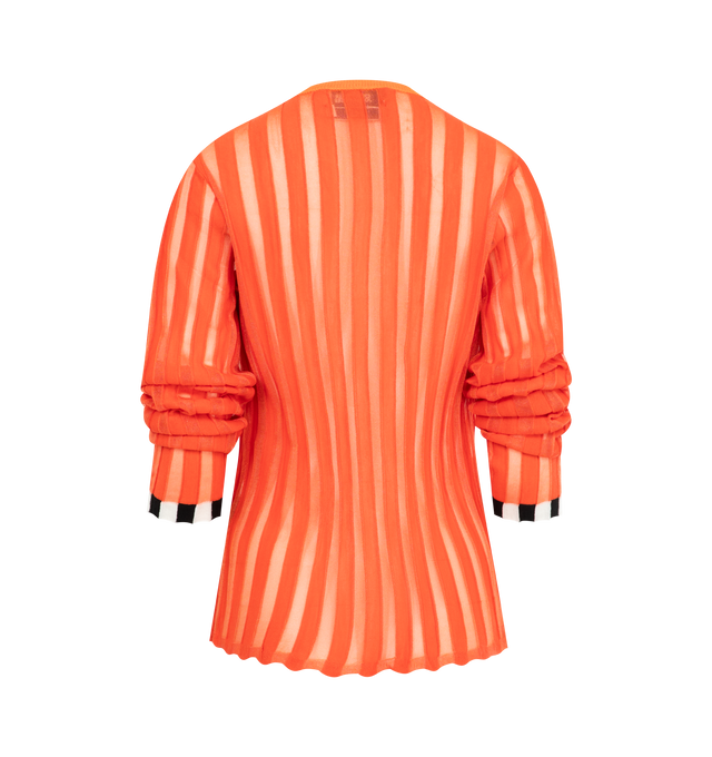 Image 2 of 2 - ORANGE - CHRISTOPHER JOHN ROGERS Pleated Cardigan with Alpaca Trim featuring sheer striped cardigan with round neckline, button closure and long sleeves finished with contrast cuffs. 47% merino wool, 31% polyester, 12% acrylic, 10% alpaca.