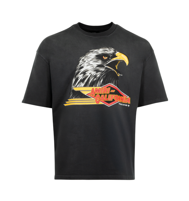 Image 1 of 2 - BLACK - AMIRI Eagle Oversized T-shirt featuring oversized cotton jersey, fading throughout, rib-knit crewneck, crackled logo graphic printed at front, dropped shoulders and logo and text printed at back. 100% cotton. Made in Italy.