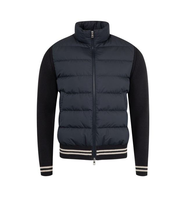 Image 1 of 3 - NAVY - MONCLER Padded Cardigan featuring cotton corduroy and lightweight micro chic, down-filled and padded, stockinette stitch, zip closure, pockets with snap button closure, striped trim and logo. 100% polyester. 100% cotton. Padding: 90% down, 10% feather.