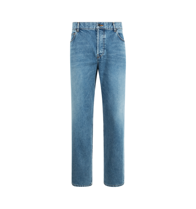 Image 1 of 3 - BLUE - THE ROW Ross Jean featuring mid-rise jean in gently faded cotton denim with straight leg, contrast topstitching, and classic 5-pocket construction. 100% cotton. Made in Japan.