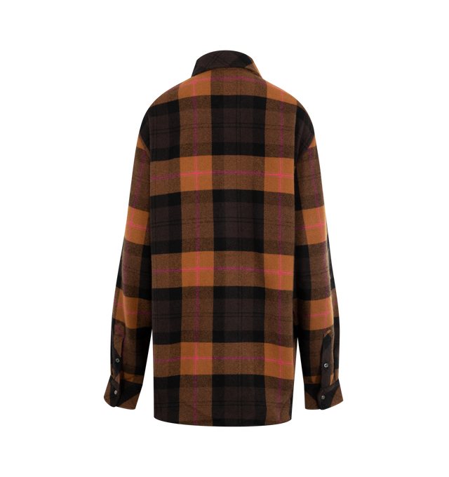 Image 2 of 2 - BROWN - GOD'S TRUE CASHMERE Tartan Cashmere Shirt featuring 11 hand-carved, gemstone snaps, Black Sunstone, plaid throughout, long sleeves, classic collar and two front flap pockets on chest. 100% cashmere. Made in Italy.
