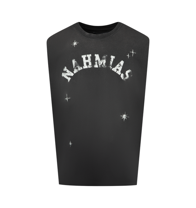 Image 1 of 2 - BLACK - NAHMIAS Arch Muscle T-shirt featuring distressing throughout, sleeveless, crew neck and logo on front. 100% cotton.