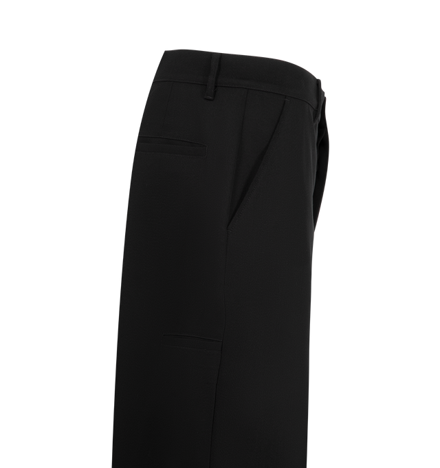 Image 3 of 3 - BLACK - Rick Owens Womens Work Shorts are crafted from twisted wool. Feature a knee-length silhouette, button closure with belt loops, diagonal side pockets, back pockets, and pressed front and back creases. Main Material: 100% Twisted Wool; Lining: 100% Cupro; Pocket Lining: 52% Polyester, 48% Cotton. Made in Japan.