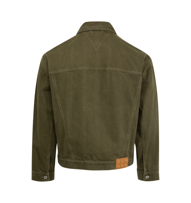 Image 2 of 3 - GREEN - BOTTEGA VENETA Colored Denim Jacket featuring intrecciato suede back patch, button closure, button flap chest pockets, button cuffs and unlined. 100% cotton. Made in Italy.