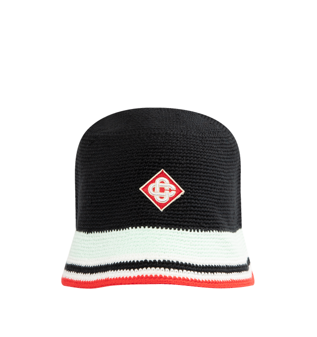 Image 1 of 2 - BLACK - CASABLANCA Stripe Crochet Hat featuring a bucket-style design, soft textured open weave crochet cotton fabric, striped brim, and a Casablanca diamond monogram applique at its centre. 100% cotton.
