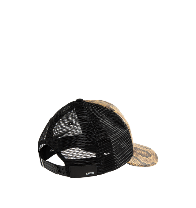 Image 2 of 2 - MULTI - Amiri Python MA Trucker Hat is crafted from python-embossed leather and features MA icon embroidery, a curved brim, embroidered eyelets, and a double snapback closure. Designed with a classic trucker silhouette, this statement accessory combines textured leather construction with signature Amiri branding. Main Material: Leather.