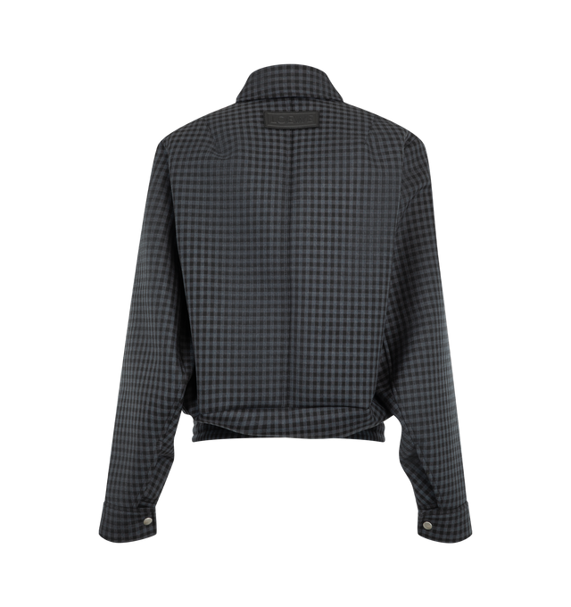 Image 2 of 3 - BLACK - Loewe Women's Drawstring Jacket is crafted from wool and features an allover check pattern, an elasticated waist with drawstring, and a relaxed fit. Designed with a classic collar, a concealed snap-button and zip front fastening, press-stud cuffs, buttoned welt pockets at the front, and inside welt pockets, this fully lined style is finished with a leather patch embossed with LOEWE lettering at the back. Main Material: 100% Wool. Fully Lined. Made in Italy.