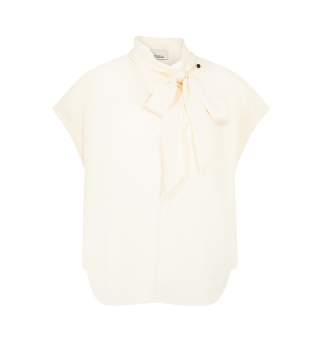 Image 1 of 2 - NEUTRAL - Isabel Marant Womens Selene-GB Top is crafted from a textured acetate blend. Features a relaxed silhouette with a stand collar, self-tie neck bow, concealed button-front closure, cap sleeves, and a curved hem. Main Material: 60% Acetate, 40% Polyester. Made in Romania.