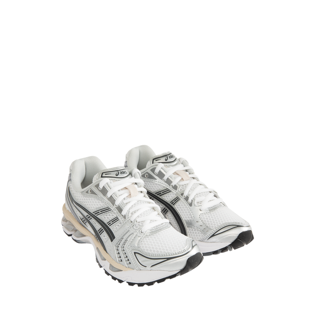 Image 2 of 5 - SILVER - Asics GEL-Kayano 14 Sneakers are lace-up style with rip-stop underlays, GEL cushioning, and TRUSSTIC support system. Unisex style in men's sizing.