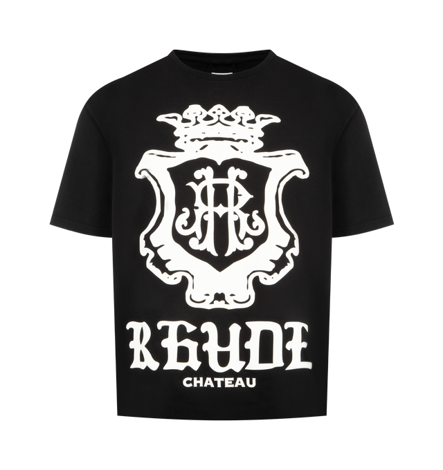 Image 1 of 2 - BLACK - RHUDE Oversized Chateau Crest T-Shirt featuring overszied fit, graphic on front, crewneck, short sleeves and dropped shoulders. 100% cotton.