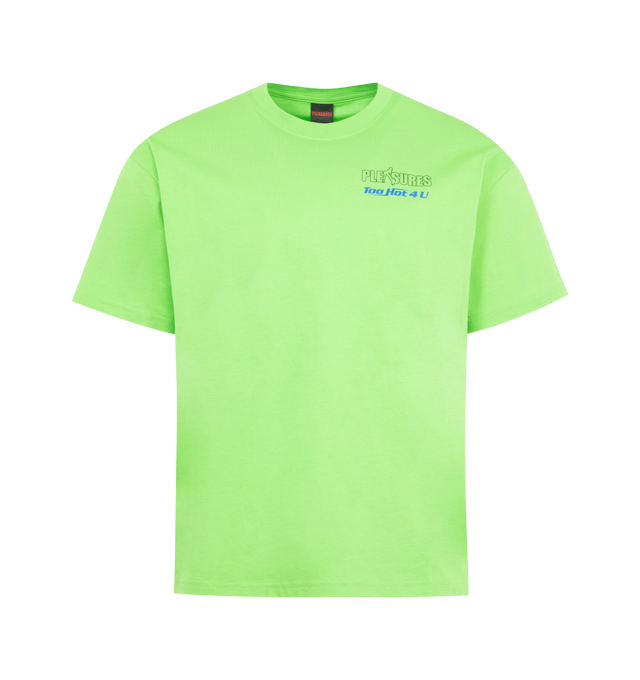Image 1 of 2 - GREEN - PLEASURES Hot 4 U Tee featuring heavyweight fabric, printed graphics on the left chest and back, ribbed collar and short sleeves. 100% cotton.