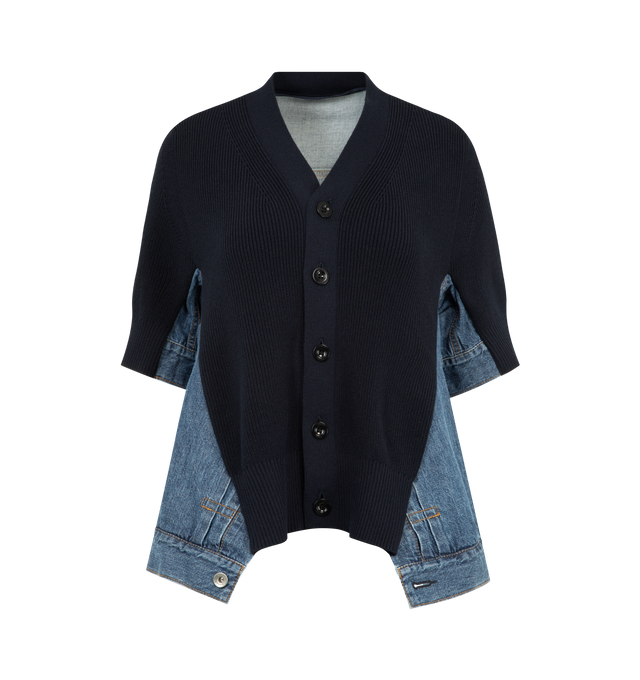 Image 1 of 3 - BLUE - SACAI Denim x Knit Cardigan featuring front button closure, short sleeves, irregular hem, v neck and paneled construction. 50% cotton, 49% polyester fiber, 1% polyurethanes.