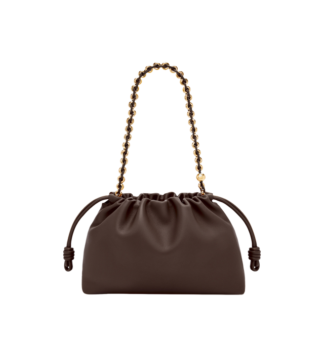 Image 2 of 6 - BROWN - LOEWE Medium Flamenco Purse featuring a lightweight and soft bag with a ruched shape, historical knot drawstrings, shoulder, crossbody or hand carry, detachable donut chain with Anagram Pebble, detachable and adjustable leather strap, magnetic closure, suede lining and embossed LOEWE. Mellow nappa lambskin. 20 cm x 30 cm x 10.5 cm. Made in Spain.