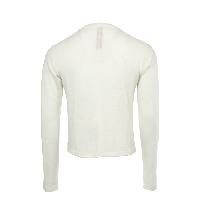 Image 2 of 3 - WHITE - RICK OWENS Cunty Pullover featuring long sleeves, ribbed round neck, nuffs and hem, knit line down center spine and knit graphic. 100% new wool.  
