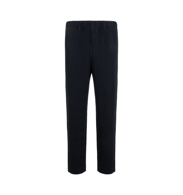 Image 1 of 3 - NAVY - Issey Miyake Pleats Pants are sporty straight pants. They are characterized by their portability and light comfort with the unique quick-drying property of polyester material. There are pockets on both sides and a drawcord at the waist, along with a button-fly design. Material: 100% Polyester. Made In Japan.
