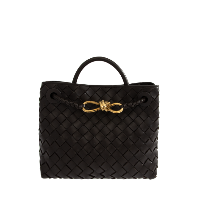 Image 1 of 5 - BLACK - Bottega Veneta small Andiamo handbag featuring intrecciato leather with leather top handle, sliding cross-body strap, compartmented interior with one zippered pocket, two open pockets and magnetic closure. 7.9" x 9.8" x 3.9". 100% lambskin. Made in Italy.