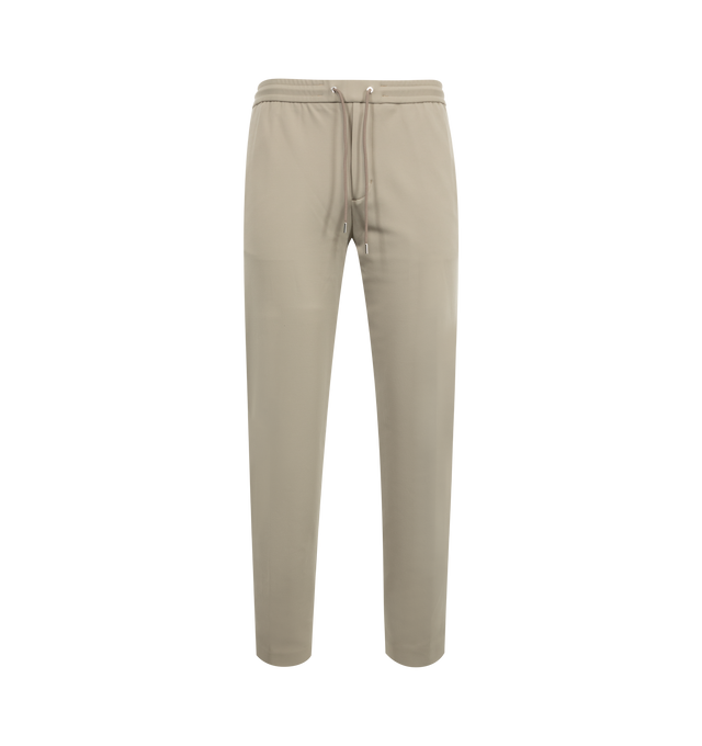 Image 1 of 3 - WHITE - Moncler Polished Cotton Jogging Pants have a satin feel, zipper closure, drawstring waist, snap button back pockets, and a leather logo patch. 100% cotton.