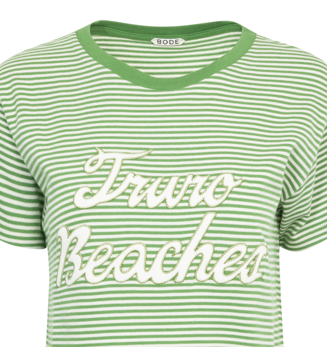 Image 2 of 2 - GREEN - BODE Truro Stripe Cropped Tee featuring stripes throughout, short sleeves, crew neck and front text. 100% cotton. Made in Portugal. 