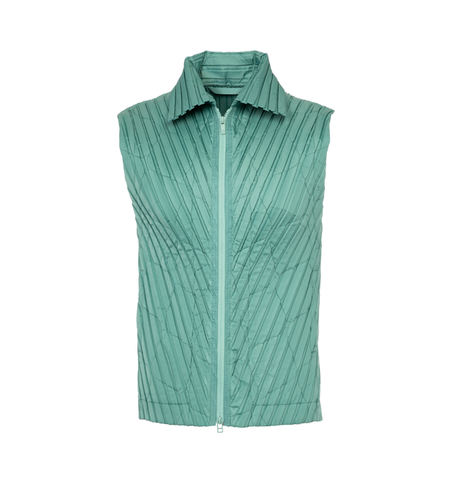Image 1 of 4 - GREEN - ISSEY MIYAKE Padded Pleats Vest featuring zip front closure, collar, sleeveless and padded pleated fabric. 100% polyester. 