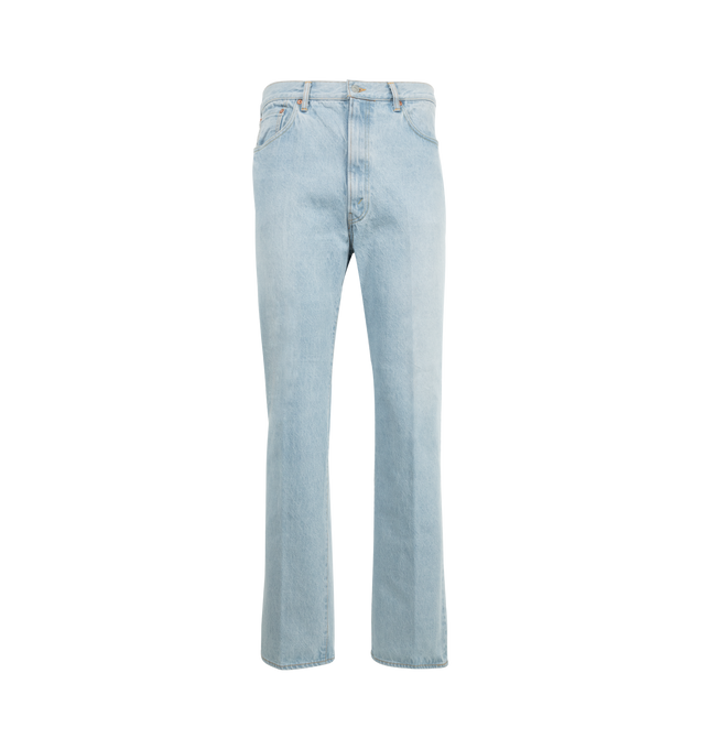 Image 1 of 3 - BLUE - KAPTAIN SUNSHINE Skate Denim Pants featuring regular fit, center creased, zipper fly, 5 pockets and vintage washed. 100% cotton. Made in Japan.