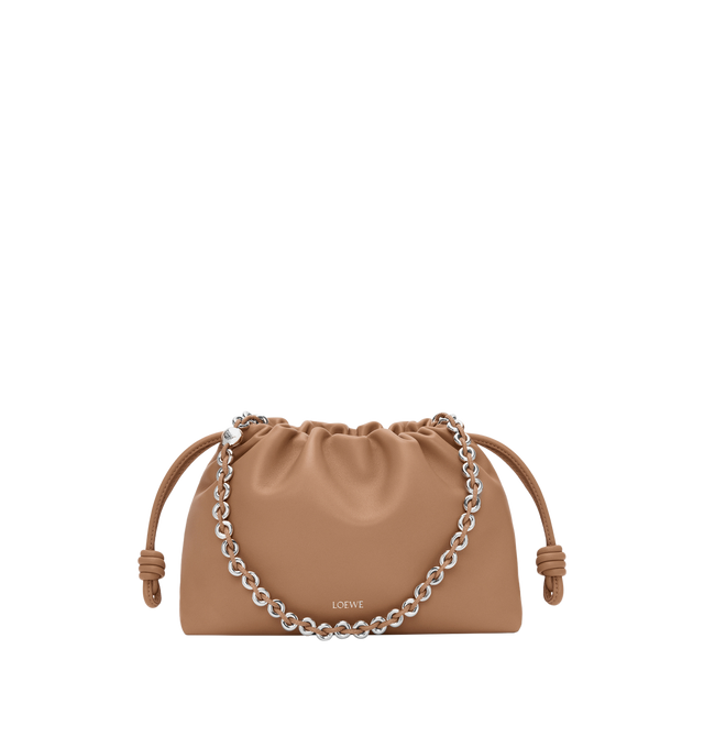 Image 1 of 6 - BROWN - LOEWE Medium Flamenco Purse featuring a lightweight and soft bag with a ruched shape, historical knot drawstrings, shoulder, crossbody or hand carry, detachable donut chain with Anagram Pebble, detachable and adjustable leather strap, magnetic closure, suede lining and embossed LOEWE. Mellow nappa lambskin. 20 cm x 30 cm x 10.5 cm. Made in Spain.
