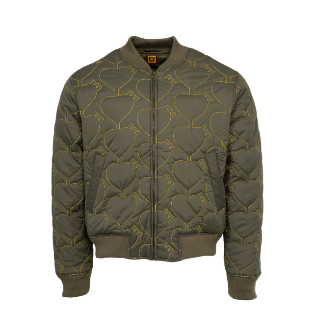 Image 1 of 3 - GREEN - HUMAN MADE  Jacket with heart quilting allover, featuring contrast-color stitching and padded quilting for warmth. SHELL: 100% NYLON / LINING: 100% POLYESTER / PADDING: 100% POLYESTER. 