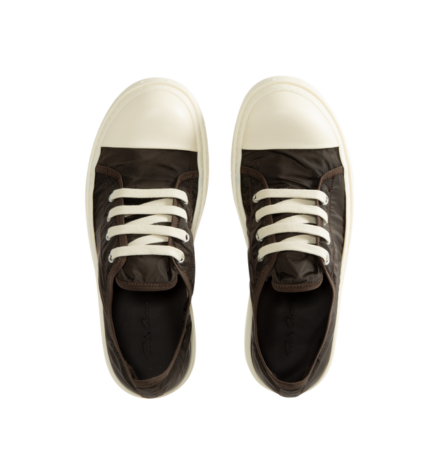 Image 5 of 5 - BROWN - Rick Owens Men's Tower Low Sneakers are crafted from a nylon and polyester blend and feature an extra-low silhouette that rises at the back, four-eyelet lace-up closure, six side vents, toe caps, and signature shark-tooth bumper soles. Main Material: 67% Nylon, 33% Polyester. Toe: 100% Calf Leather. Lining: 67% Nylon, 33% Polyester. Insole: 100% Calf Leather. Sole: 100% Thermoplastic Rubber. Closure: Lace-Up. Made in Italy.