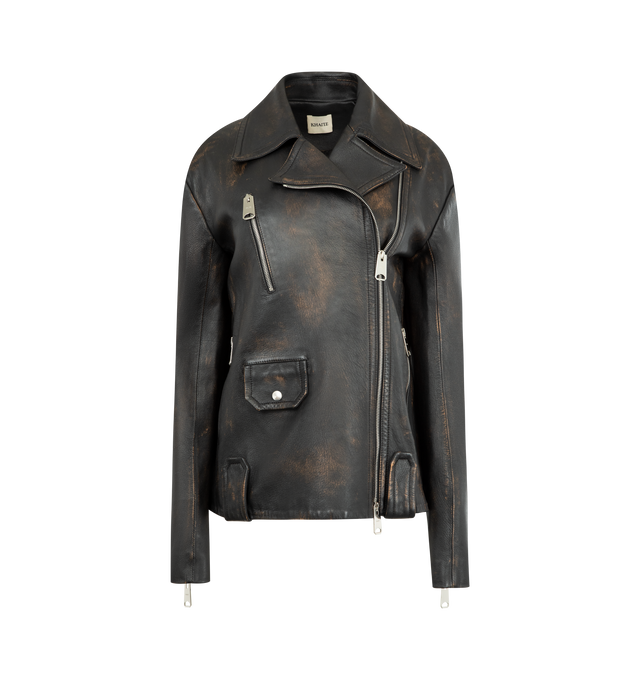 Image 1 of 3 - BLACK - KHAITE Catalina Jacket in Distressed Leather featuring a rustic and refined moto jacket in hand-distressed, two-tone South African lambskin suede finished in Italy for a worn-in, vintage look and a dry finish. With signature hardware at two-way zippered front, pockets, and cuffs. 100% lamb. This item may be restricted for online purchase to international clients. For assistance purchasing this item please contact our dedicated stylist team at personalshopping@hirshleifers.com.