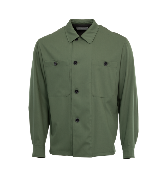 Image 1 of 3 - GREEN - LEMAIRE Soft Military Overshirt featuring loose fit, workwear collar, double back yoke, buttoned cuffs, large overlapping plackets on the center front and two buttoned chest pockets. 100% virgin wool. Made in Hungary. 