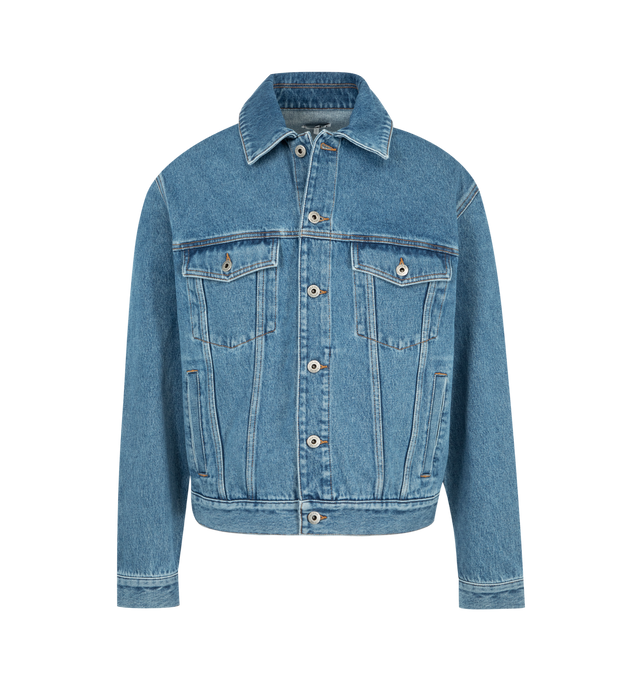 Image 1 of 3 - BLUE - LOEWE Anagram Jacket in medium-weight washed cotton denim featuring an Anagram embroidery at the elbows, regular fit, regular length, classic collar, button front fastening, buttoned cuffs, buttoned chest flap pockets, welt pockets and LOEWE embossed leather patch placed at the back. Cotton. Made in Italy.