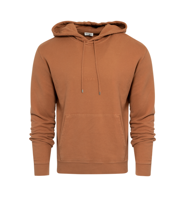 Image 1 of 2 - BROWN - SAINT LAURENT Hoodie featuring kangaroo pocket, adjustable drawstring hood, tonal logo embroidery and rib knit cuffs and hem. 100% cotton. Made in Italy. 