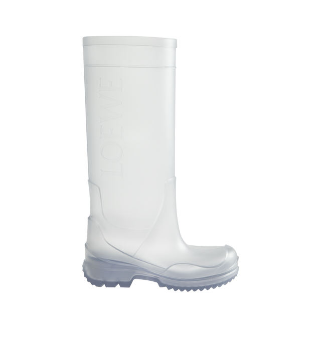 Image 1 of 4 - WHITE - Loewe Women's Storm Boot is crafted from molded transparent PVC and features an oversized Loewe logo at the shaft with a distinctive wavy-pattern rubber outsole. Designed in a sleek pull-on silhouette, the boot combines statement branding with durable all-weather construction. Main Material: PVC. Heel Height: 2 cm (20 mm). Made in Italy.