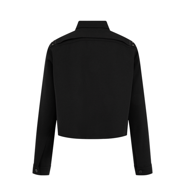 Image 2 of 2 - BLACK - Rick Owens Mens Buttoned Brad Jacket is crafted from heavyweight wool melton. Features a straight fit, hip-length silhouette, classic collar, five-button front closure, diagonal welt pockets, buttoned cuffs, concealed zip pocket at the left forearm, signature level shoulder seams, cotton webbing strap with rivet detail at the back yoke, full lining, and two internal zip pockets. Main Material: 100% Virgin Wool; Front & Pocket Lining: 100% Cotton; Back & Sleeve Lining: 100% Cupro; Padd