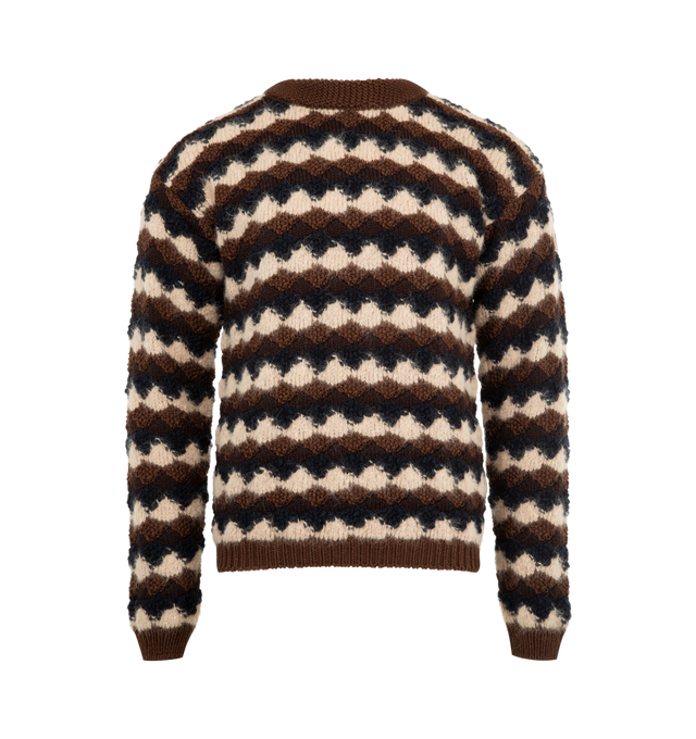 Image 1 of 3 - BROWN - MONCLER GRENOBLE Geometric Jacquard Wool Blend Sweater featuring gauge 3, crew neck, long sleeves and pattern throughout. 78% wool, 15% alpaca, 7% polyamide/nylon. Made in Romania.