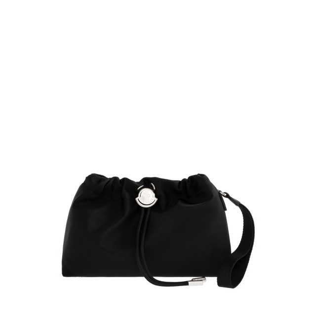 Image 1 of 3 - BLACK - MONCLER Trick Water-Repellent Pouch featuring nylon drill, recycled water-repellent nylon lining, drawstring fastening, detachable wristlet with carabiner and embroidered logo. L 30 cm x H 20 cm x D 13 cm. 52% polyamide/nylon, 48% polyester. Made in Italy.