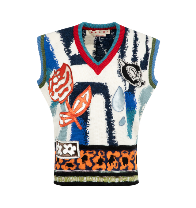 Image 1 of 2 - MULTI - MARNI V Neck Sweater Vest featuring sleeveless sweater knitted from virgin wool with contrasting patterns in a tactile jacquard and intarsia mix, Marni logo patch on the back neck, regular fit, V-neck and patches throught. 100% wool. Made in Italy.