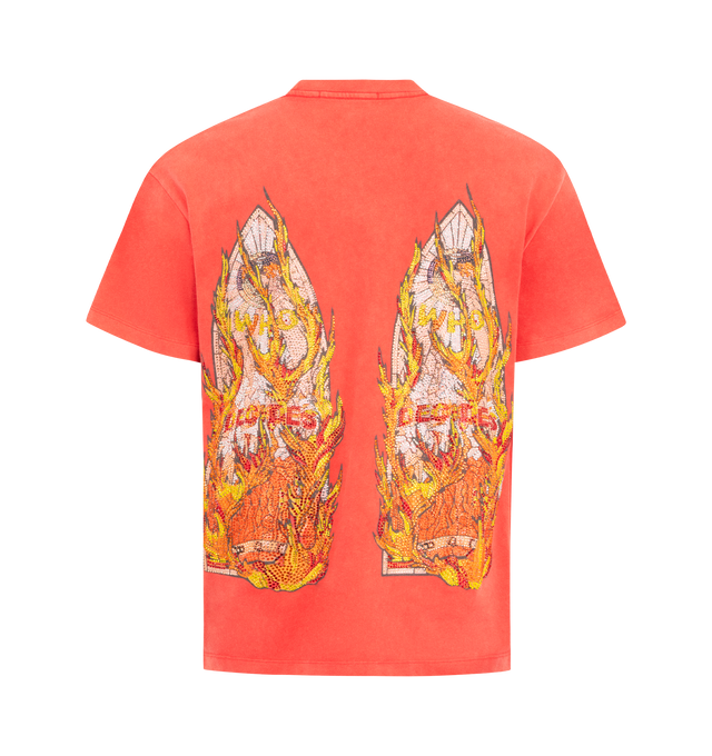 Image 2 of 2 - RED - WHO DECIDES WAR Rhinestone Flame Glass Jersey Tee featuring pull-on styling, short sleeves, crewneck, front and back graphic with rhinestone embellishments and midweight jersey. 100% cotton. Made in Turkey.