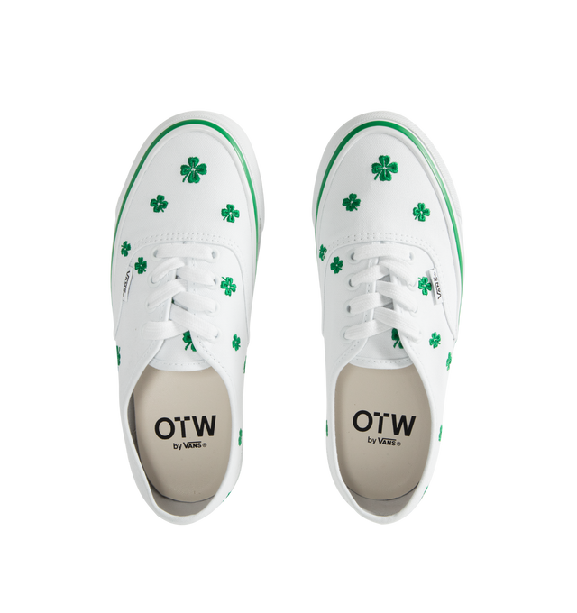 Image 5 of 5 - WHITE - VANS Authentic 44 Embroidery Sneakers featuring canvas upper, Four-Leaf Clover embroidery, woven flag label, high foxing tape and waffle outsole.