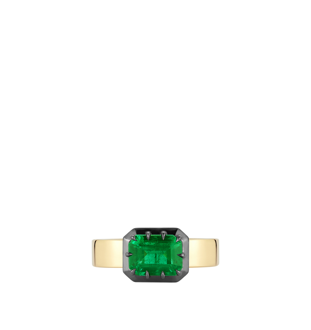 Image 2 of 2 - GOLD - JEMMA WYNNE Blair Horizontal Emerald Ring featuring One of a Kind, 18k Yellow Gold with Black Rhodium, Fine Colombian Emerald - 1.7cts and Band Width - 4.5mm. Hirshleifers offers a range of initial pieces from this collection in-store. For personal consultation and detailed information about jewelry, please contact our dedicated stylist team at personalshopping@hirshleifers.com. This item may be restricted for online purchase to international clients. For assistance purchasing this ite