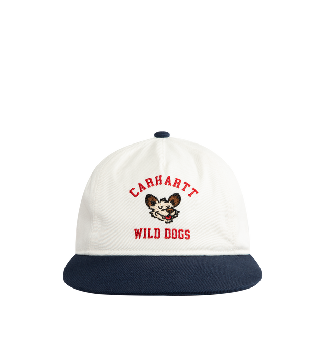 Image 1 of 2 - WHITE - CARHARTT WIP Wild Dog Cap featuring cotton twill, front embroidery, seven-panel construction and adjustable strap. 100% cotton.