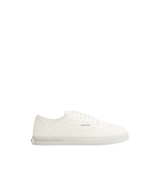 Image 1 of 5 - WHITE - BOTTEGA VENETA Serena Intrecciato Leather Sneakers featuring a heel logo patch, round toe, lace-up style, leather upper, leather lining and leather sole. Made in Italy.