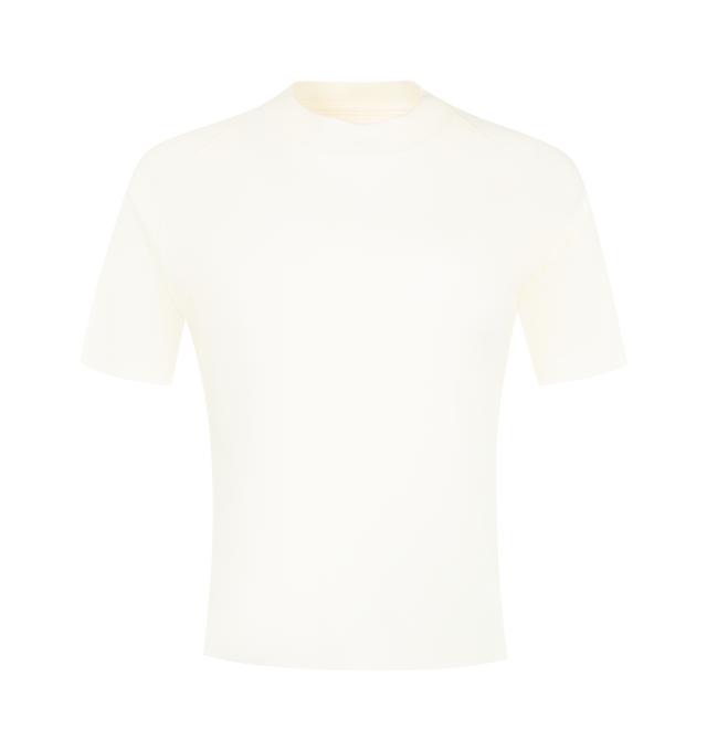 Image 1 of 2 - WHITE - Fear of God Essentials Womens Shrunken Baseball Tee is crafted from lightweight tri-blend jersey. Features a slim cropped fit, rib-knit crew neckline, raglan short sleeves, and signature Essentials label at the back collar. Main Material: 53% Cotton, 40% Polyester, 7% Rayon.