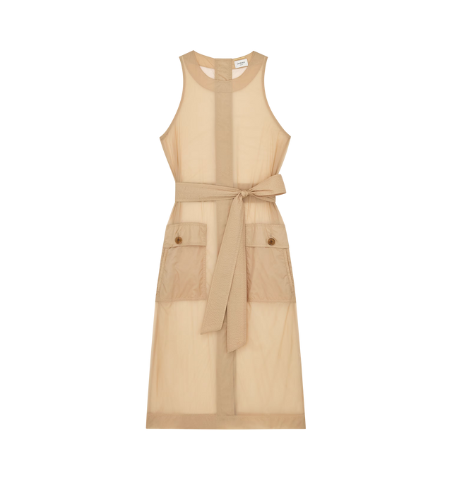 Image 1 of 2 - BROWN - SAINT LAURENT Button-Back Dress in nylon featuring sheer sleeveless midi length, buttoned back closure, two patch pockets with button flap at the front, round neck and adjustable tied belt. 100% polyamide. Made in Italy.