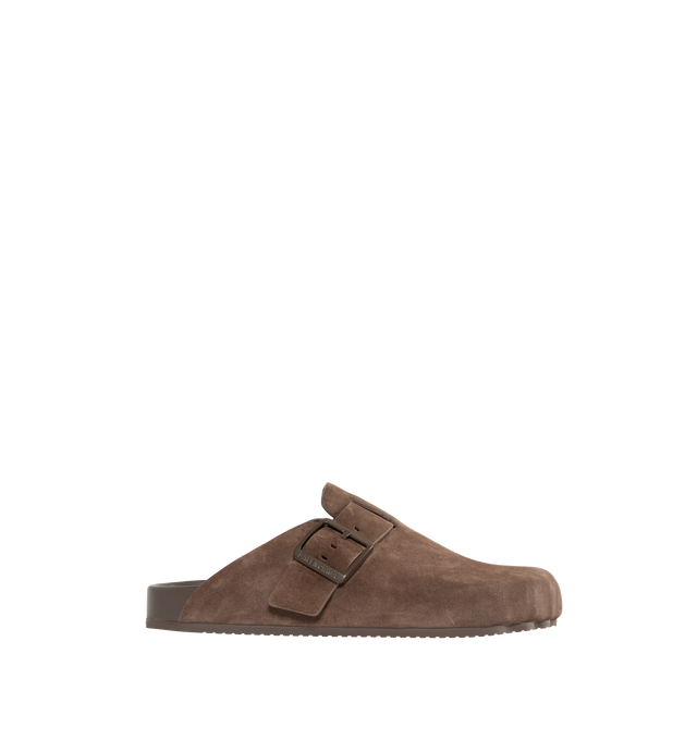 Image 1 of 4 - BROWN - BALENCIAGA Sunday Mule featuring suede calfskin, mule, five finger shape at toe, one leather strap with one adjustable belt buckle, Balenciaga logo engraved on buckle, printed Balenciaga logo on sole part and tone-on-tone sole and insole. 100% calfskin. Made in Italy. 