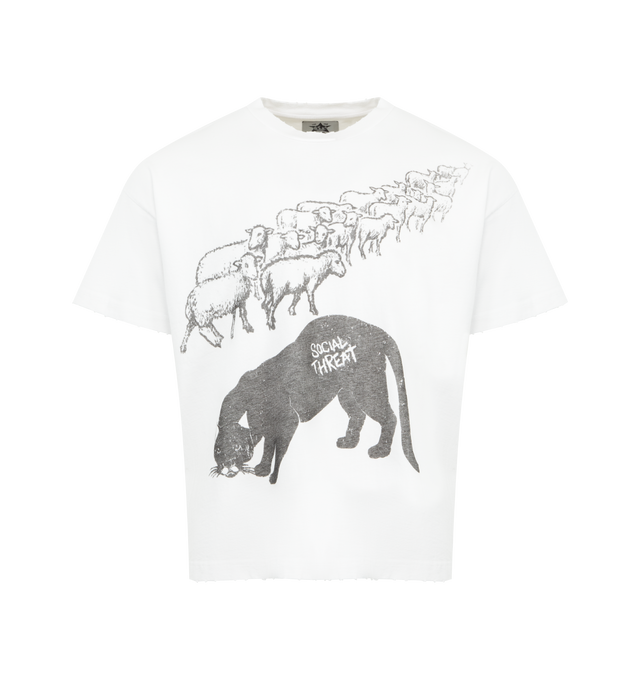 Image 1 of 2 - WHITE - BARRIERS Social Treat Tee featuring crew neck, short sleeves, light distressing for vintage effect, oversized screen printed graphic and boxy fit. 100% cotton.