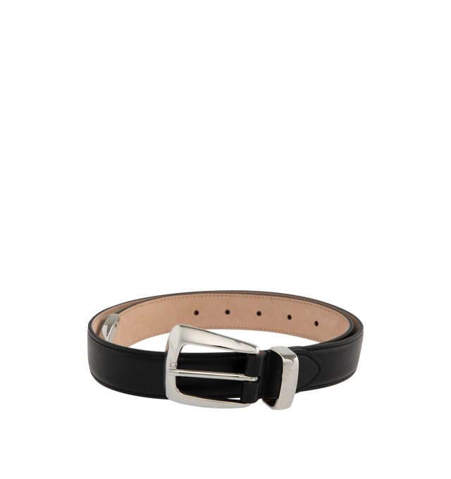 Image 1 of 2 - BLACK - KHAITE Benny Belt featuring punch holes and brushed silver-toned metal buckle, loop, and curved tips. 100% calfskin.