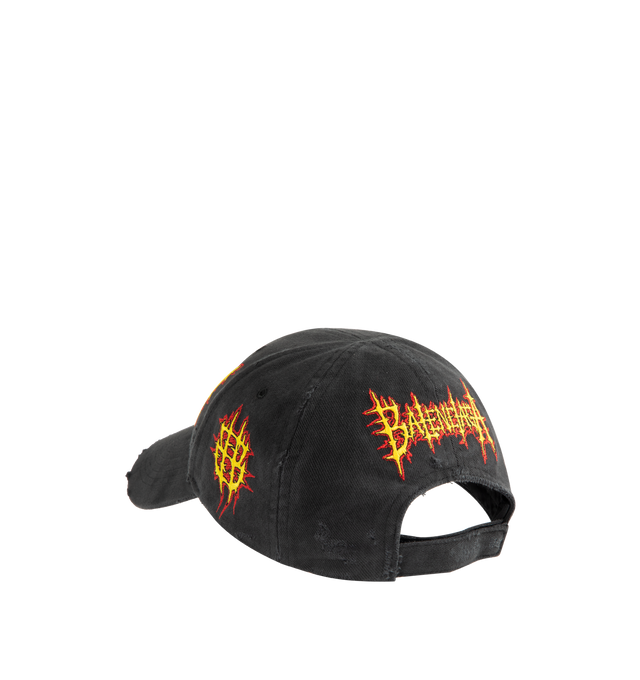 Image 2 of 3 - BLACK - BALENCIAGA Sacr Cur Cap in faded cotton drill featuring worn-out details, classic baseball cap shape, ventilation eyelets embroidered on top, adjustable hook and loop tab at the back and Balenciaga Sacr Cur artwork embroidered on the front, sides and back. 100% cotton. Made in Italy.